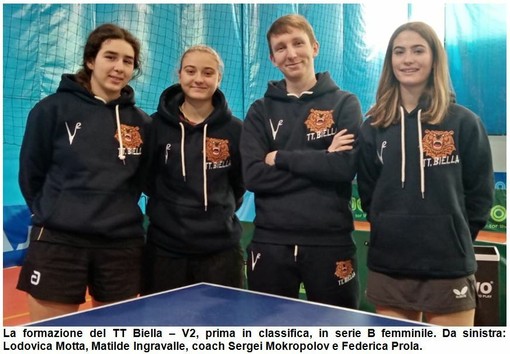 La formazione del TT Biella – V2, prima in classifica, in serie B femminile. Da sinistra: Lodovica Motta, Matilde Ingravalle, coach Sergei Mokropolov e Federica Prola. La formazione del TT Biella – V2, prima in classifica, in serie B femminile. Da sinistra: Lodovica Motta, Matilde Ingravalle, coach Sergei Mokropolov e Federica Prola.