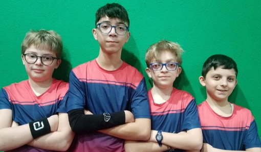 La giovanissima formazione di D3 del TT Biella - Reale Mutua Pelle &amp; Bagolin, che ha conquistato la promozione in D2 (da sinistra: Lorenzo Piemonese, Jacopo Siciliano, Davide Ronsisvalle e Daniele Milanesi)