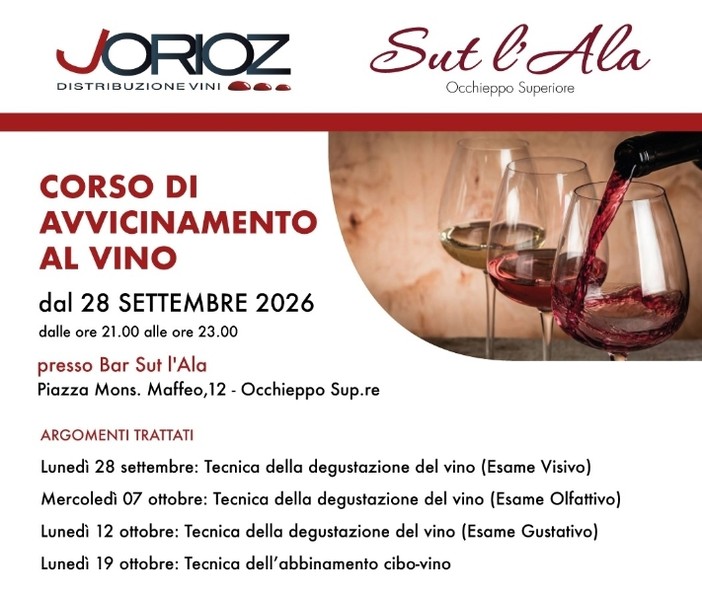 Alla scoperta del vino: da Sut L’Ala un corso di avvicinamento alla degustazione firmato Jorioz Distribuzione Vini Alla scoperta del vino: da Sut L’Ala un corso di avvicinamento alla degustazione firmato Jorioz Distribuzione Vini