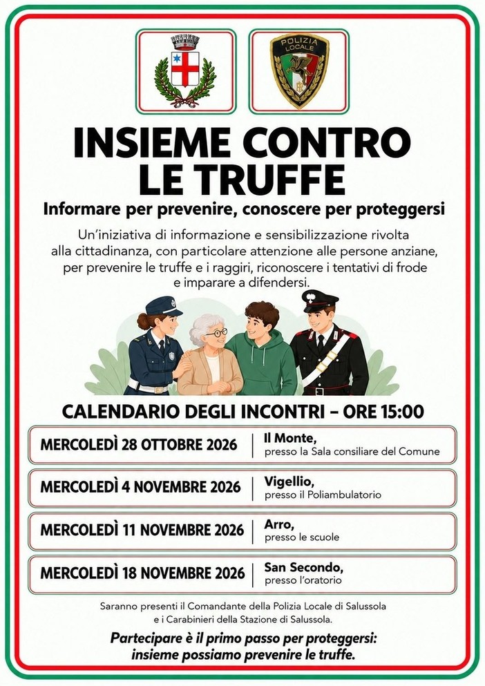 Insieme contro le truffe: quattro incontri informativi nelle frazioni di Salussola Insieme contro le truffe: quattro incontri informativi nelle frazioni di Salussola