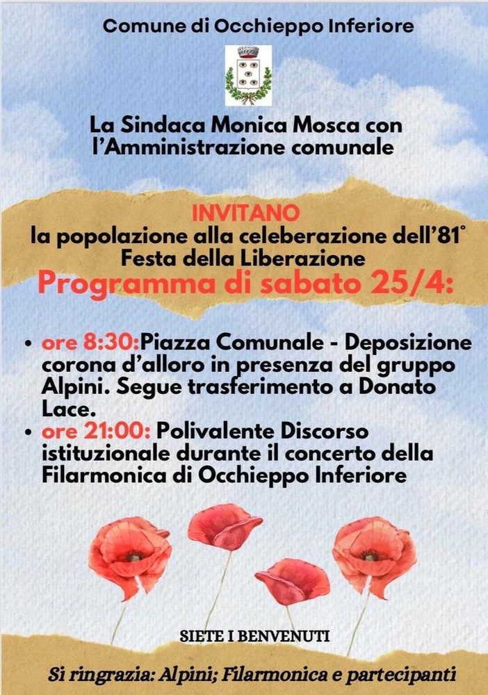 Sabato le celebrazioni del 25 Aprile a Occhieppo Inferiore
