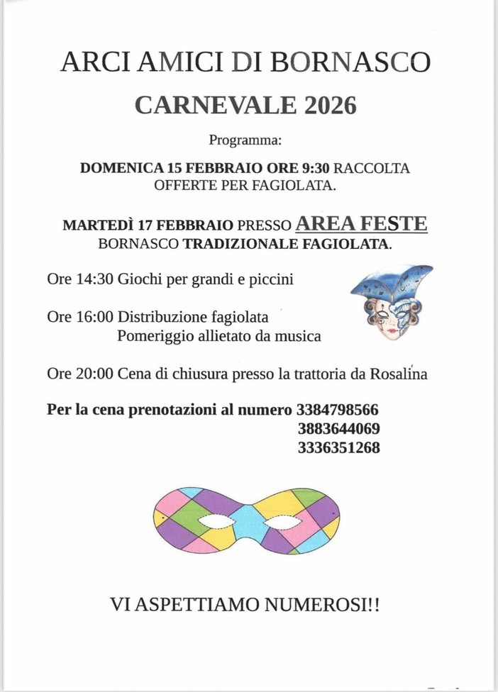 Bornasco si prepara a festeggiare il Carnevale 2026 con giochi, musica e fagiolata