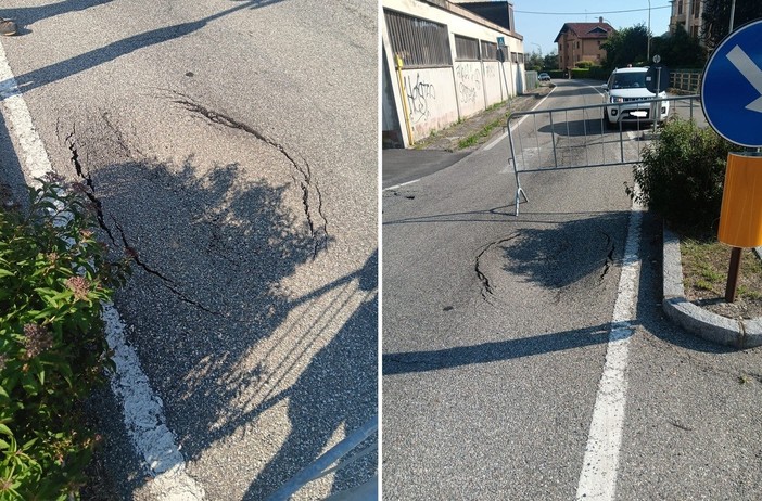 Cedimento sulla strada, a Sagliano accertamenti in corso sulla SP 100 per individuare le cause (foto dalla pagina Facebook di SiAmo Sagliano)