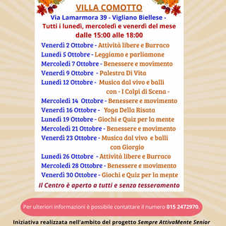 Vigliano, ottobre di incontri al Centro Incontro di Villa Comotto