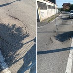 Cedimento sulla strada, a Sagliano accertamenti in corso sulla SP 100 per individuare le cause (foto dalla pagina Facebook di SiAmo Sagliano)