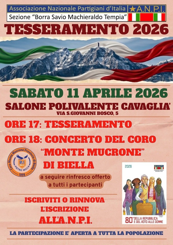 ANPI 2026, al via la campagna di tesseramento a Cavaglià ANPI 2026, al via la campagna di tesseramento a Cavaglià