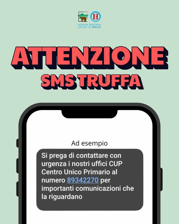 Falsi sms inviati per “importanti comunicazioni”. L'ASL Biella segnala: “Non rispondete, fate attenzione” (foto dalla pagina Facebook di Ospedale di Biella-ASL BI) Falsi sms inviati per “importanti comunicazioni”. L'ASL Biella segnala: “Non rispondete, fate attenzione” (foto dalla pagina Facebook di Ospedale di Biella-ASL BI)