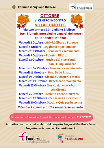 Vigliano, ottobre di incontri al Centro Incontro di Villa Comotto Vigliano, ottobre di incontri al Centro Incontro di Villa Comotto