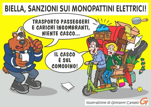 Monopattini elettrici, a Biella le prime multe spezzano le cattive abitudini - Illustrazione di Giovanni Cavallo Monopattini elettrici, a Biella le prime multe spezzano le cattive abitudini - Illustrazione di Giovanni Cavallo