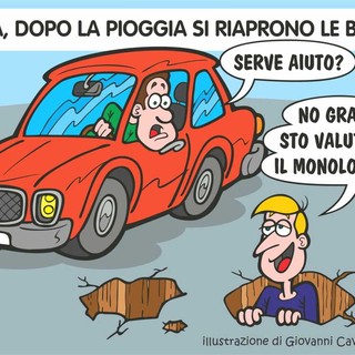 Biella, buche formato monolocale: dopo la pioggia torna lo slalom - Illustrazione di Giovanni Cavallo