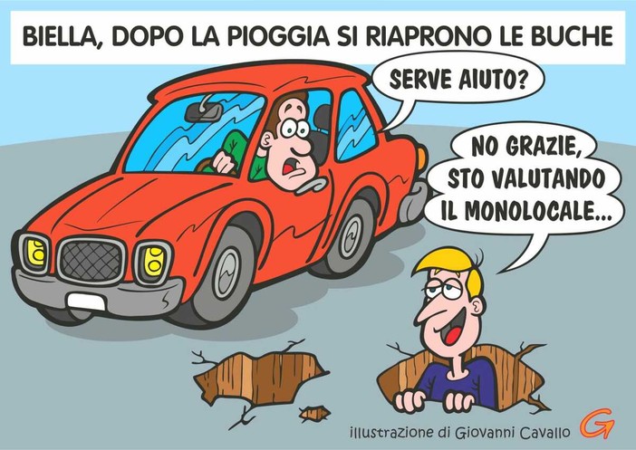 Biella, buche formato monolocale: dopo la pioggia torna lo slalom - Illustrazione di Giovanni Cavallo