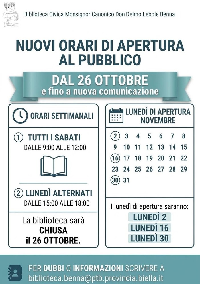 Biblioteca di Benna, nuovi orari di apertura al pubblico