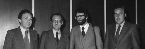 Da destra: Paolo Botto Poala, Ermanno Strobino, Giulio Barberis Canonico e Carlo Barberis Canonico (foto Fighera - collezione Ugo Mosca) Da destra: Paolo Botto Poala, Ermanno Strobino, Giulio Barberis Canonico e Carlo Barberis Canonico (foto Fighera - collezione Ugo Mosca)