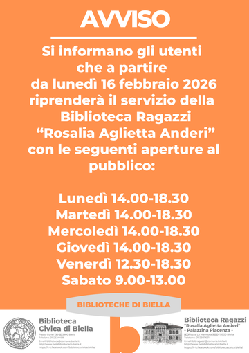 Biblioteca dei ragazzi a Biella, gli orari di apertura