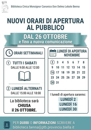 Biblioteca di Benna, nuovi orari di apertura al pubblico