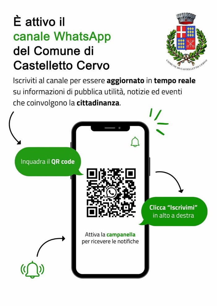 Attivato il canale WhatsApp ufficiale del Comune di Castelletto Cervo