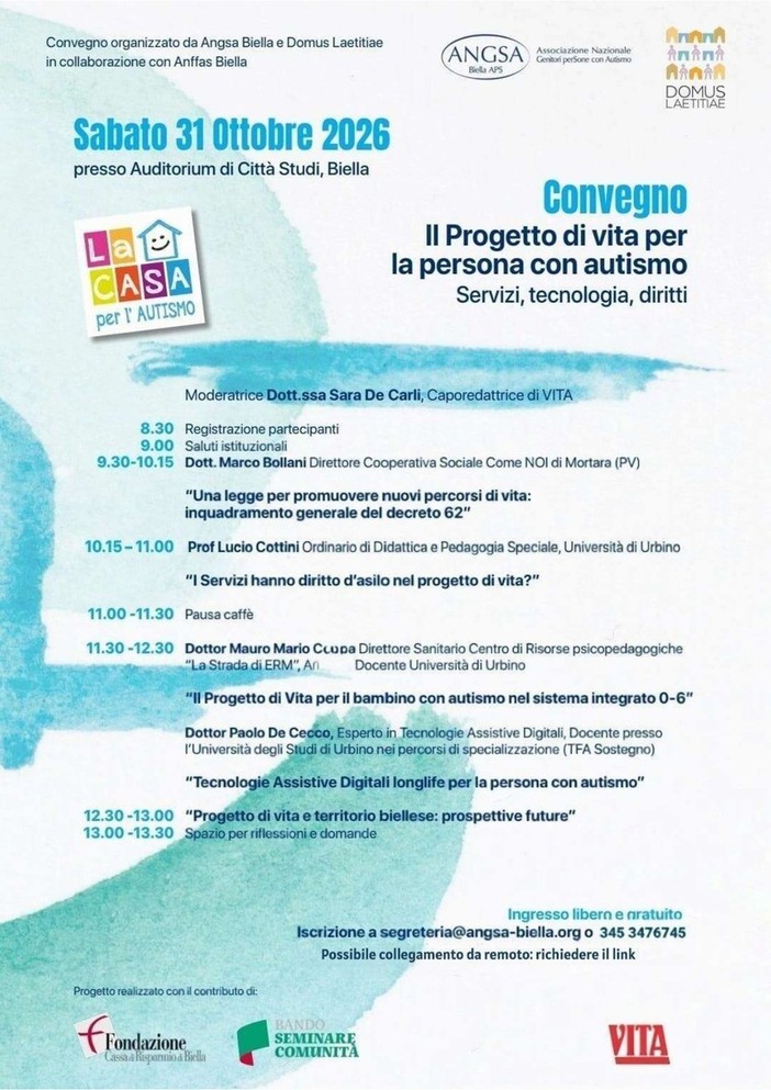 Biella, il progetto di vita per la persona con autismo al centro del convegno Angsa e Domus Laetitiae Biella, il progetto di vita per la persona con autismo al centro del convegno Angsa e Domus Laetitiae