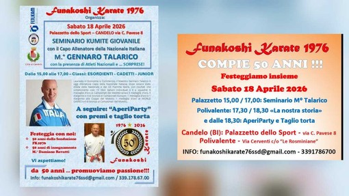 Funakoshi Karate 1976 festeggia 50 anni a Candelo: programma e orari dell’evento