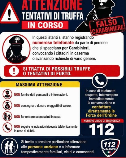 Truffe telefoniche, falsi Carabinieri chiamano i cittadini: diffidate e chiamate il 112