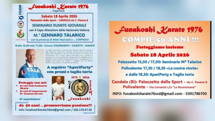Funakoshi Karate 1976 festeggia 50 anni a Candelo: programma e orari dell’evento