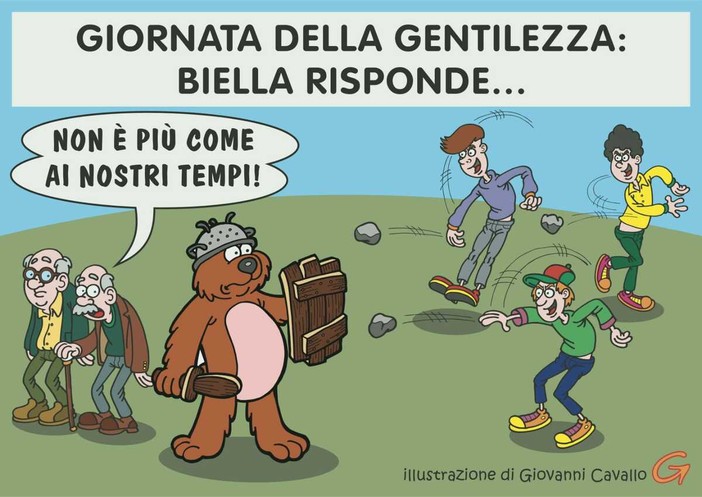 Giornata della gentilezza? A Biella gli anziani schivano pietre - Illustrazione di Giovanni Cavallo
