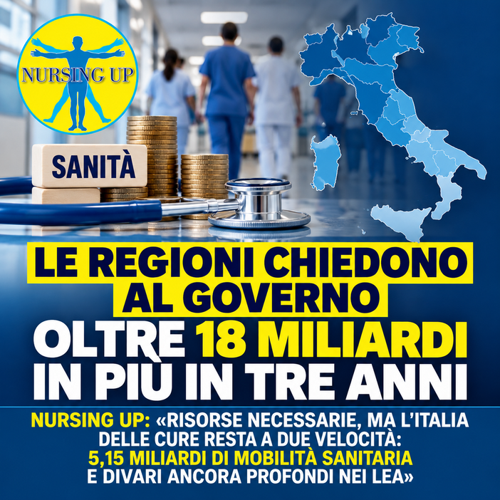 Sanità, le Regioni chiedono 18 miliardi in più. Nursing up: “Risorse necessarie, ma l’Italia delle cure resta a due velocità” Sanità, le Regioni chiedono 18 miliardi in più. Nursing up: “Risorse necessarie, ma l’Italia delle cure resta a due velocità”