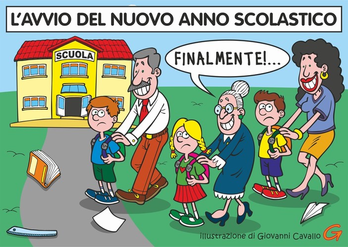 Bentornata scuola! i banchi si riempiono e... le auto si accalcano, illustrazione Giovanni Cavallo
