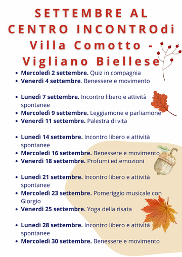 Vigliano, settembre a Villa Comotto: ecco tutte le attività in programma Vigliano, settembre a Villa Comotto: ecco tutte le attività in programma