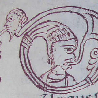 Capolettera “G”, Sacramentarium Episcopi Warmundi (Sacramentario del Vescovo Warmondo di Ivrea): fine secolo X, Ivrea, Biblioteca Capitolare, Ms 31 LXXXVI). Priuli Verlucca,1990, copia posseduta a Biella dal Comm. Mario Coda.