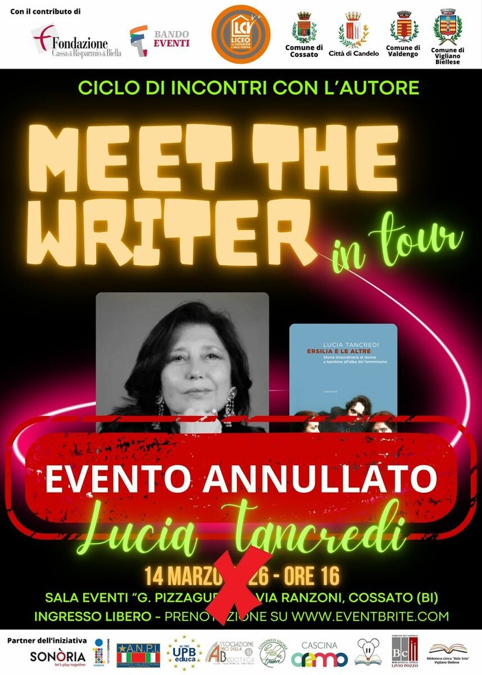 Cossato, annullato l’incontro con Lucia Tancredi del ciclo “Meet the Writer”