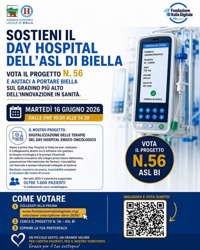 Il Day Hospital dell’ASL di Biella in gara per il premio nazionale sull’innovazione di Fondazione Italia Digitale Il Day Hospital dell’ASL di Biella in gara per il premio nazionale sull’innovazione di Fondazione Italia Digitale