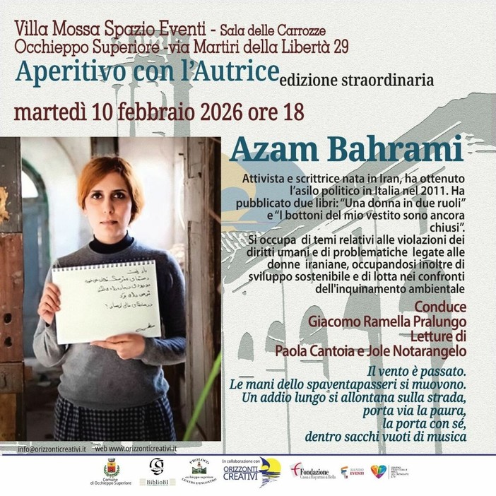 Occhieppo Superiore, “Aperitivo con l’Autrice” con Azam Bahrami a Villa Mossa