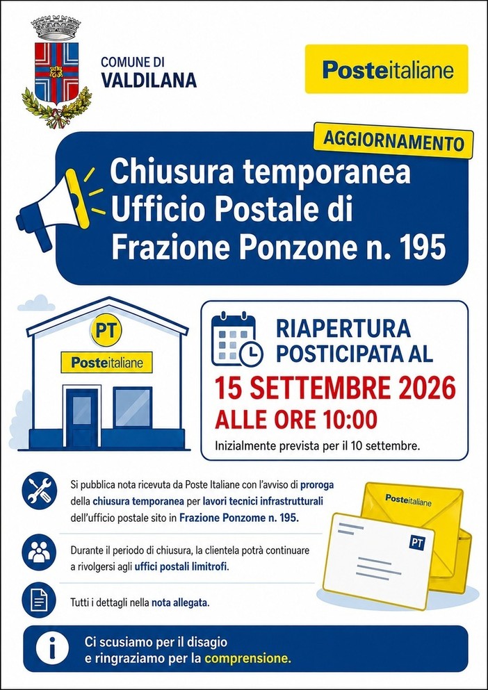 Valdilana, l'ufficio postale riaprirà il 15 settembre Valdilana, l'ufficio postale riaprirà il 15 settembre