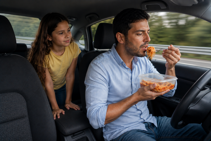 Biellese, spaghetti al volante e bimbi senza cintura: il pericoloso campionario delle distrazioni in auto - immagine generata dall'ia